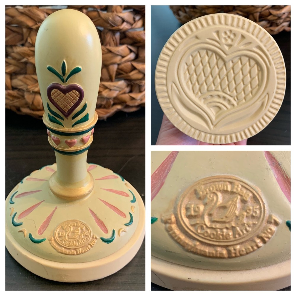 1995‎ Brown Bag Cookie Art Heart Stamp Press #7 Folk Art Stoneware Mold
